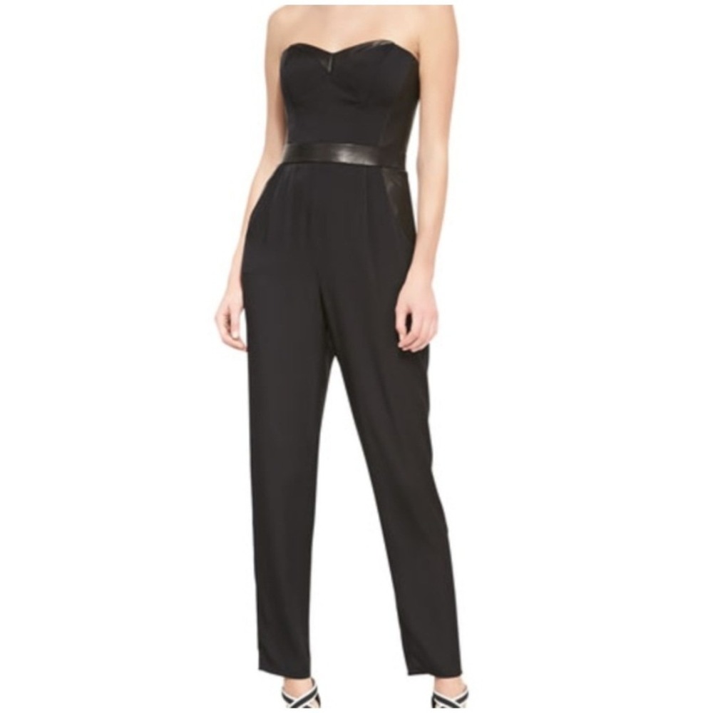 Milly Black Silk Lamb Leather Trim Strapless Jumpsuit Size 0 Sweetheart Neckline